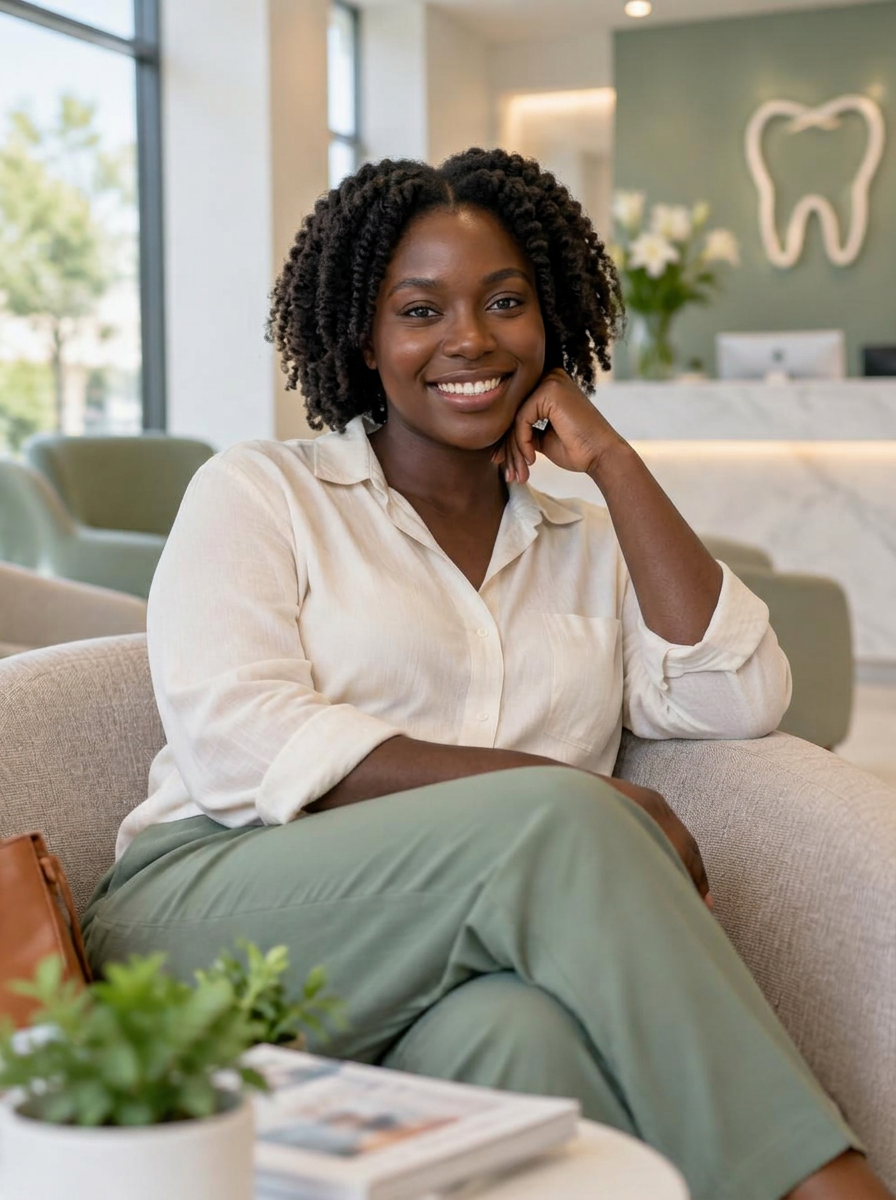 A relaxed Nigerian patient waiting in the bright Smile Right reception area