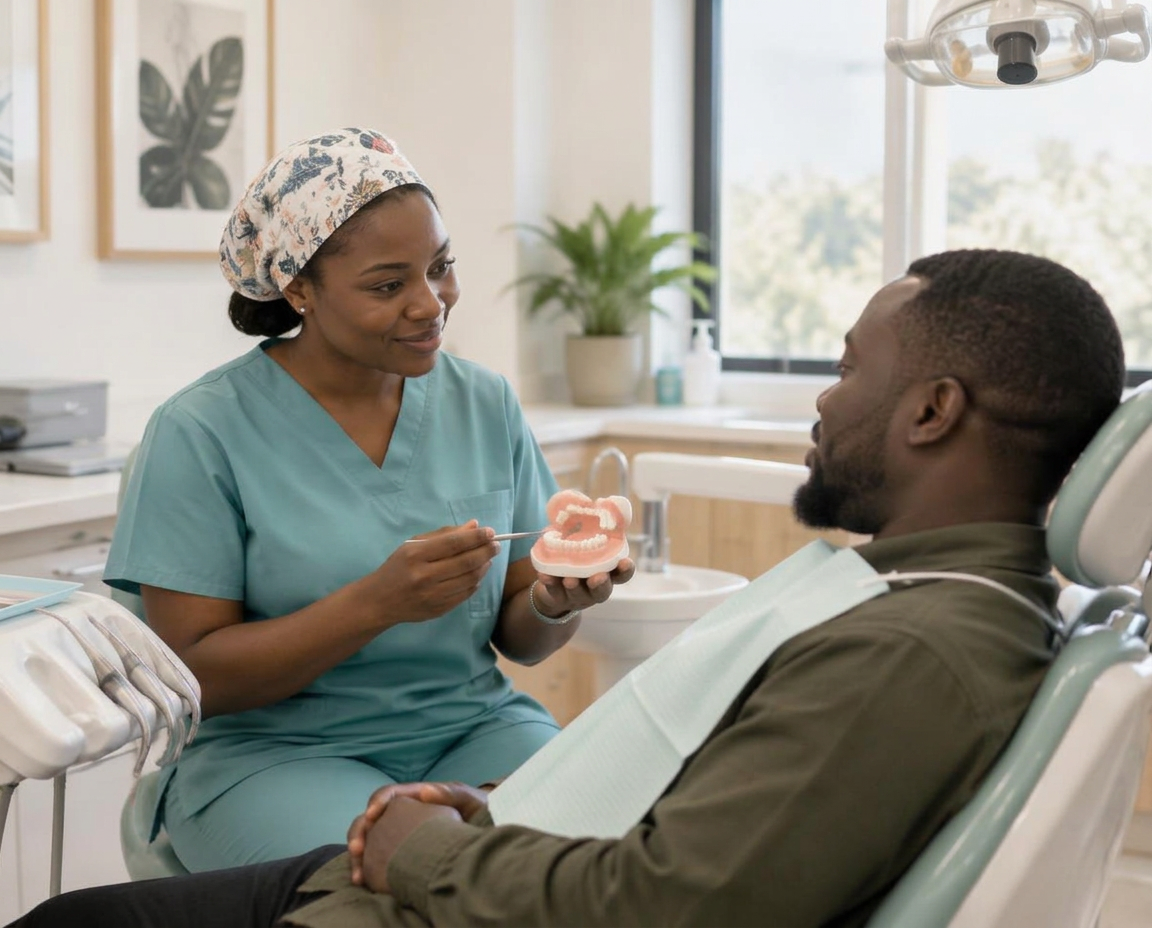 A Nigerian Smile Right dentist explaining treatment options to a seated patient